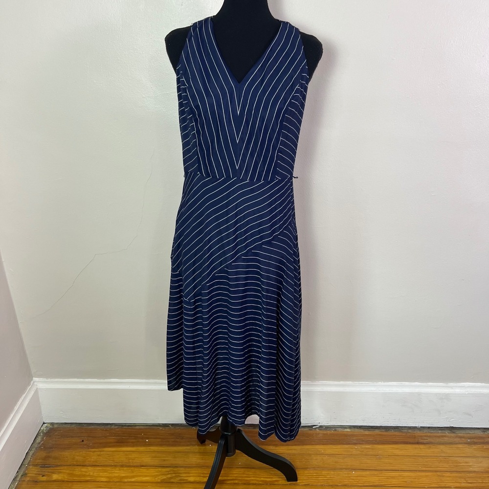 White House Black Market Midi Dress 8 Navy Blue Pinstripe Handkerchief Hem Chic